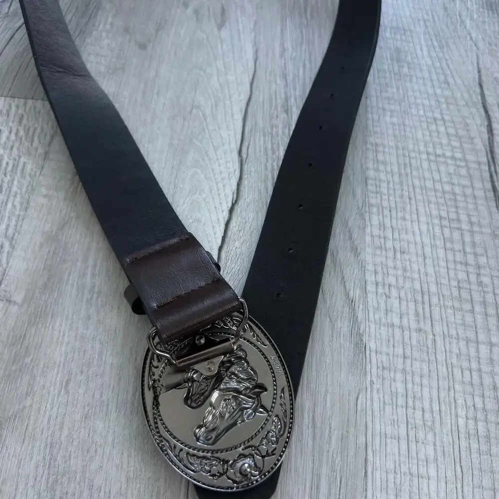 Western Dark Brown Leather Belt With Ornate Oval Double Horse Head Buckle